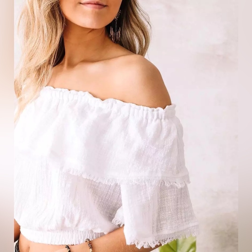 NWT Women’s HYFVEOff The Shoulder Linen Blend White Top- Size Small. - Picture 3 of 6